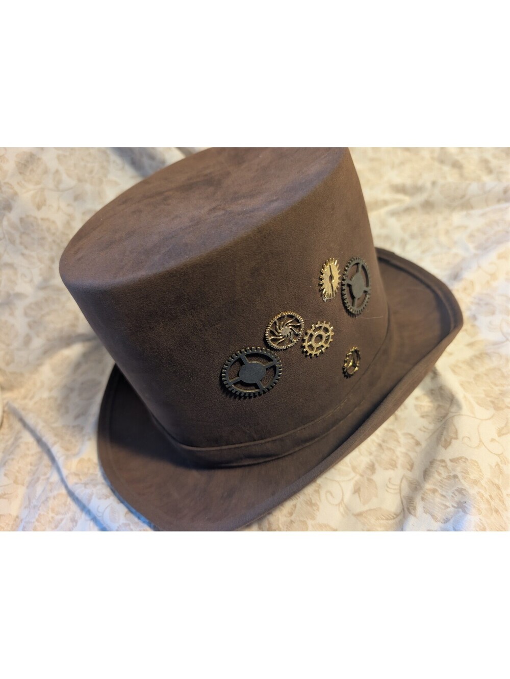 Men's Steampunk Brown Faux Leather Top Hat with Gear Decorations Halloween